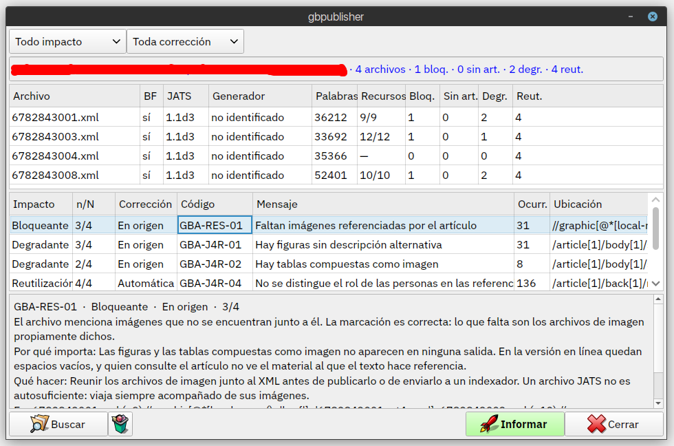 Grilla del auditor mostrando artículos con sus hallazgos agrupados por código